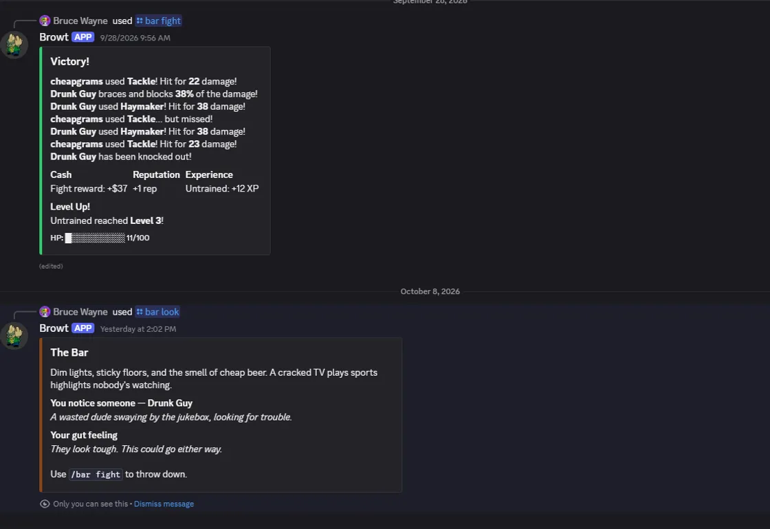 Browt in Discord: a bar fight victory with damage log and rewards, and the bar scene description